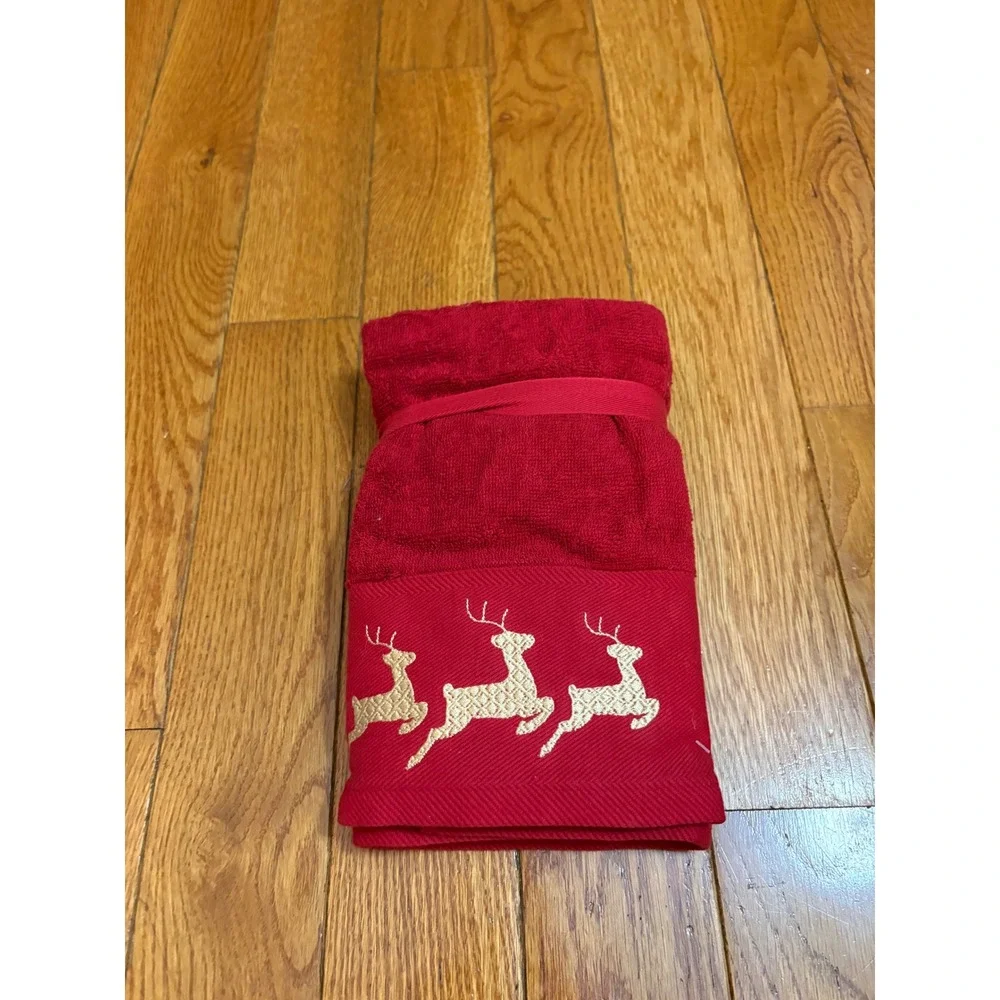 Deborah Connolly Designs Red Gold Reindeer Hand Towel Cotton Lyocell Christmas